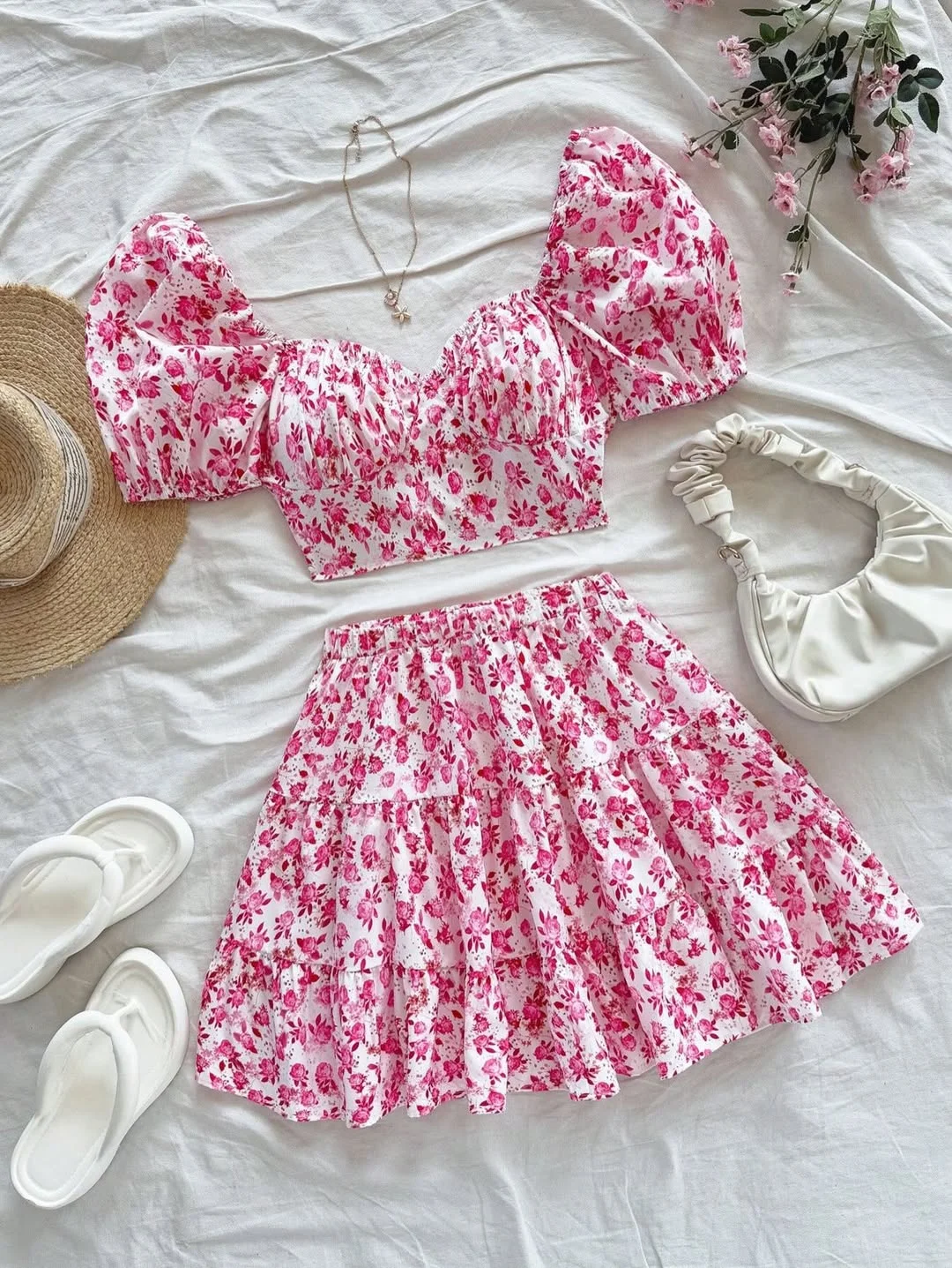30 summer skirt outfits 2026 Pink Floral Mini Set With White Summer Accessories