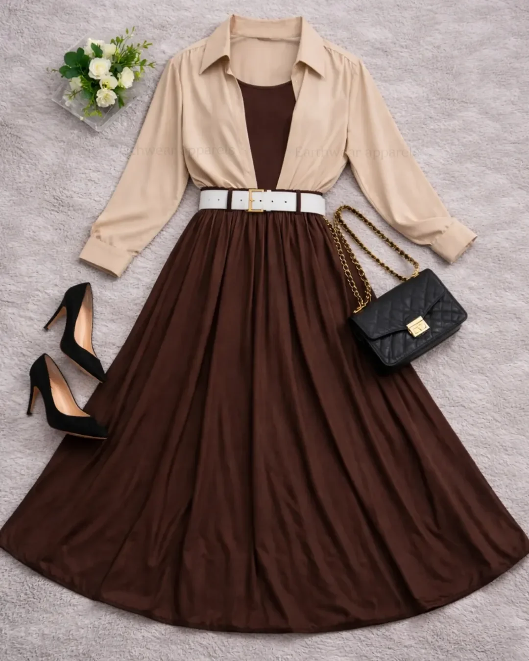 30 summer skirt outfits 2026 Beige Shirt With A Chocolate Brown Maxi Skirt