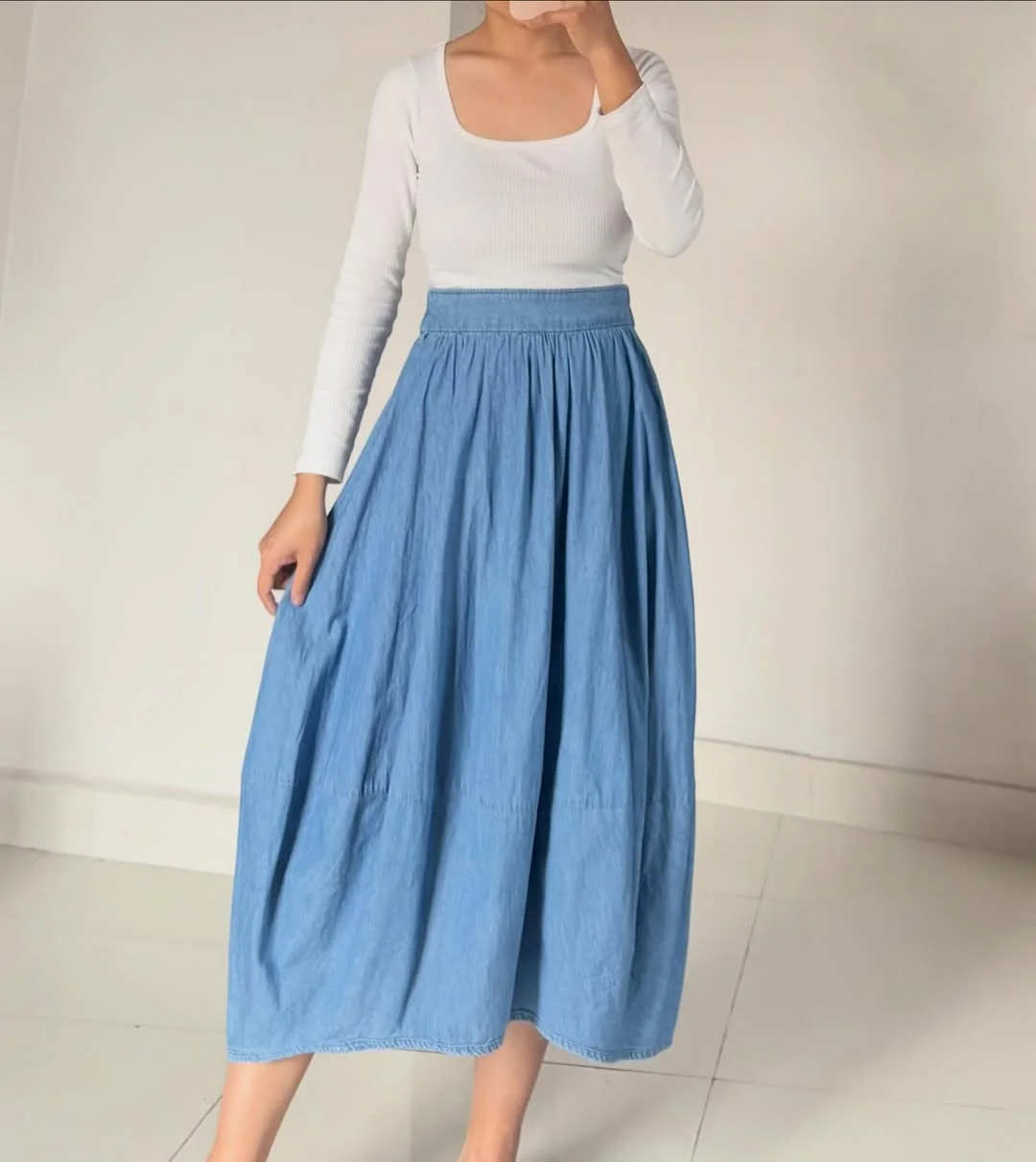 30 summer skirt outfits 2026 White Scoop Top With A Soft Blue Maxi Skirt