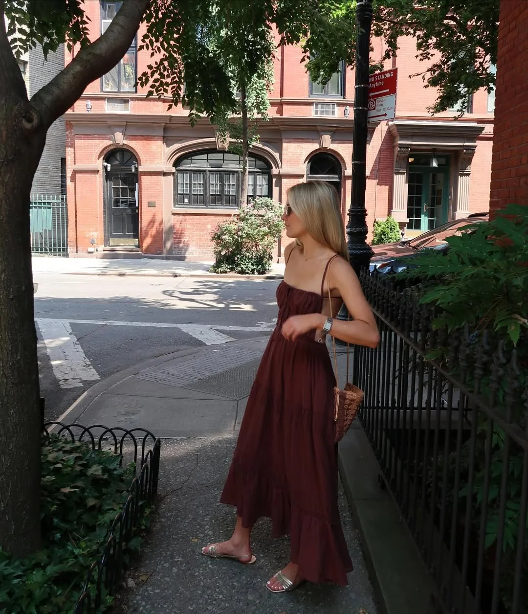 summer sundresses for women 2026 Wine-Toned City Sundress With Barely-There Sandals