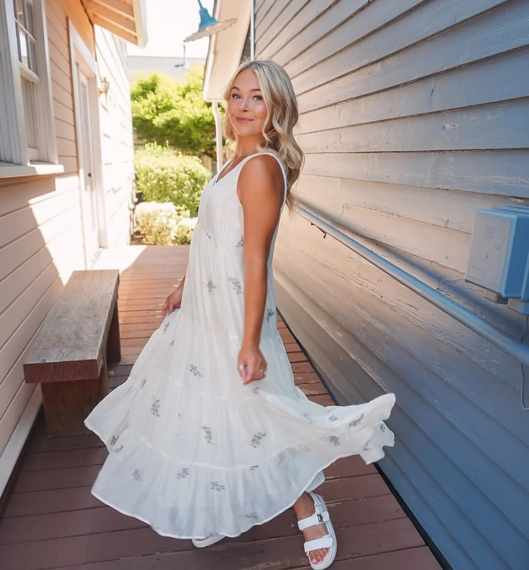 summer sundresses for women 2026 White Floral Maxi Sundress With Easy Porch-Day Romance
