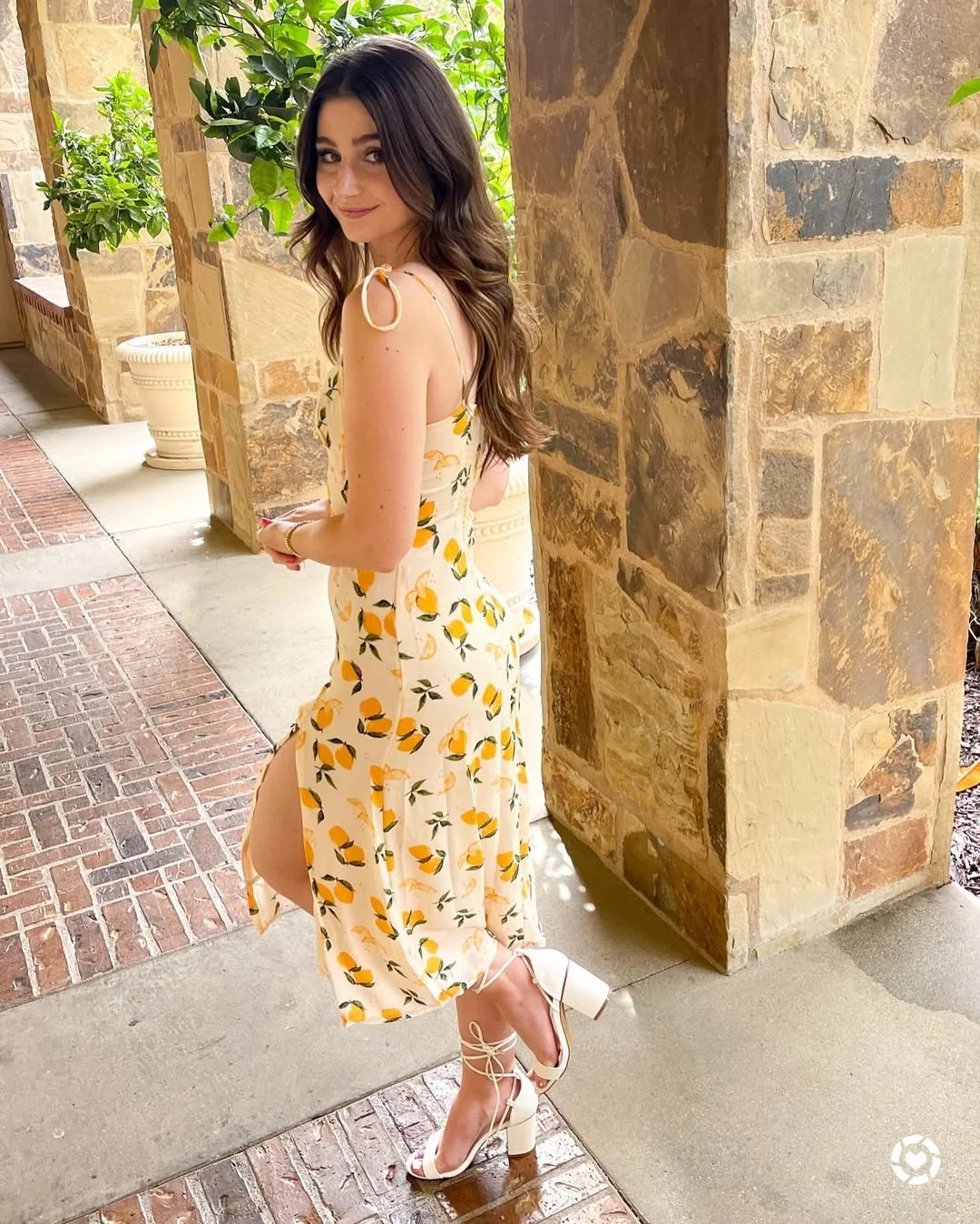 summer sundresses for women 2026 Lemon-Print Sundress With White Lace-Up Heels