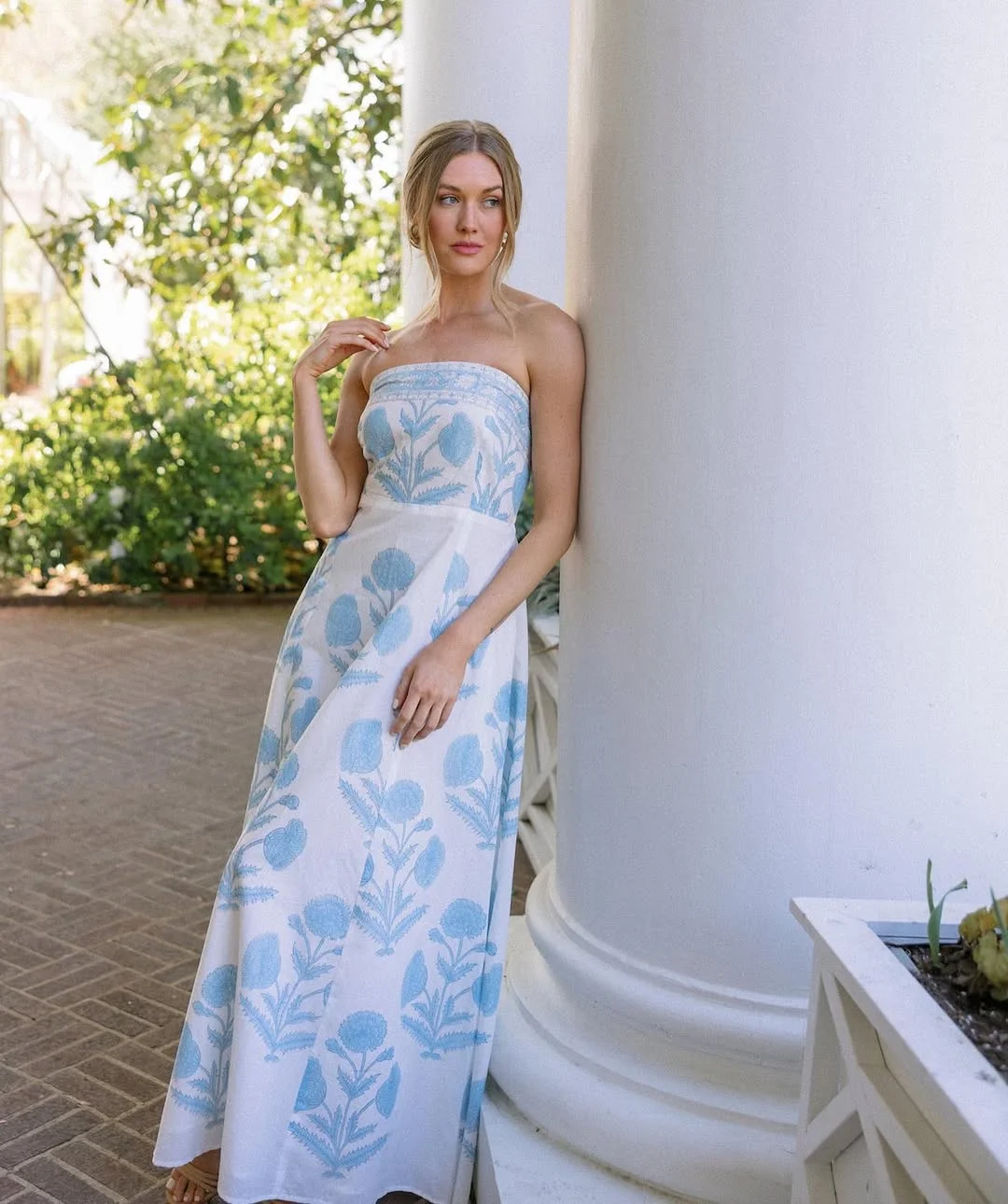 summer sundresses for women 2026 Blue Botanical Strapless Sundress For Quiet Summer Elegance