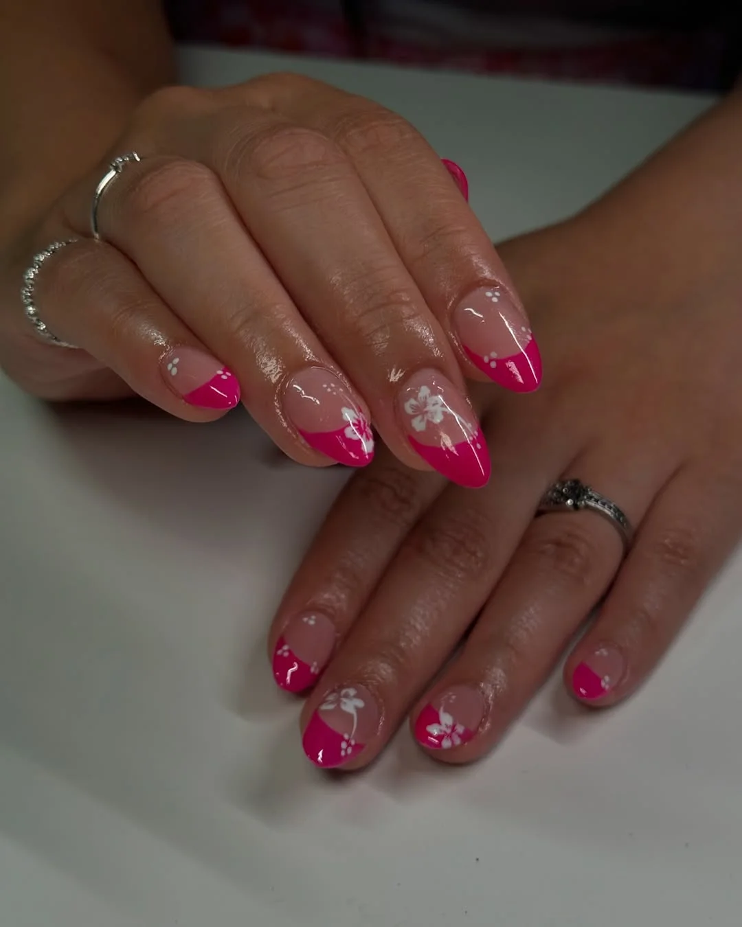 summer vacation nails 2026 Pink Tropical French Tips That Feel Flirty and Fresh