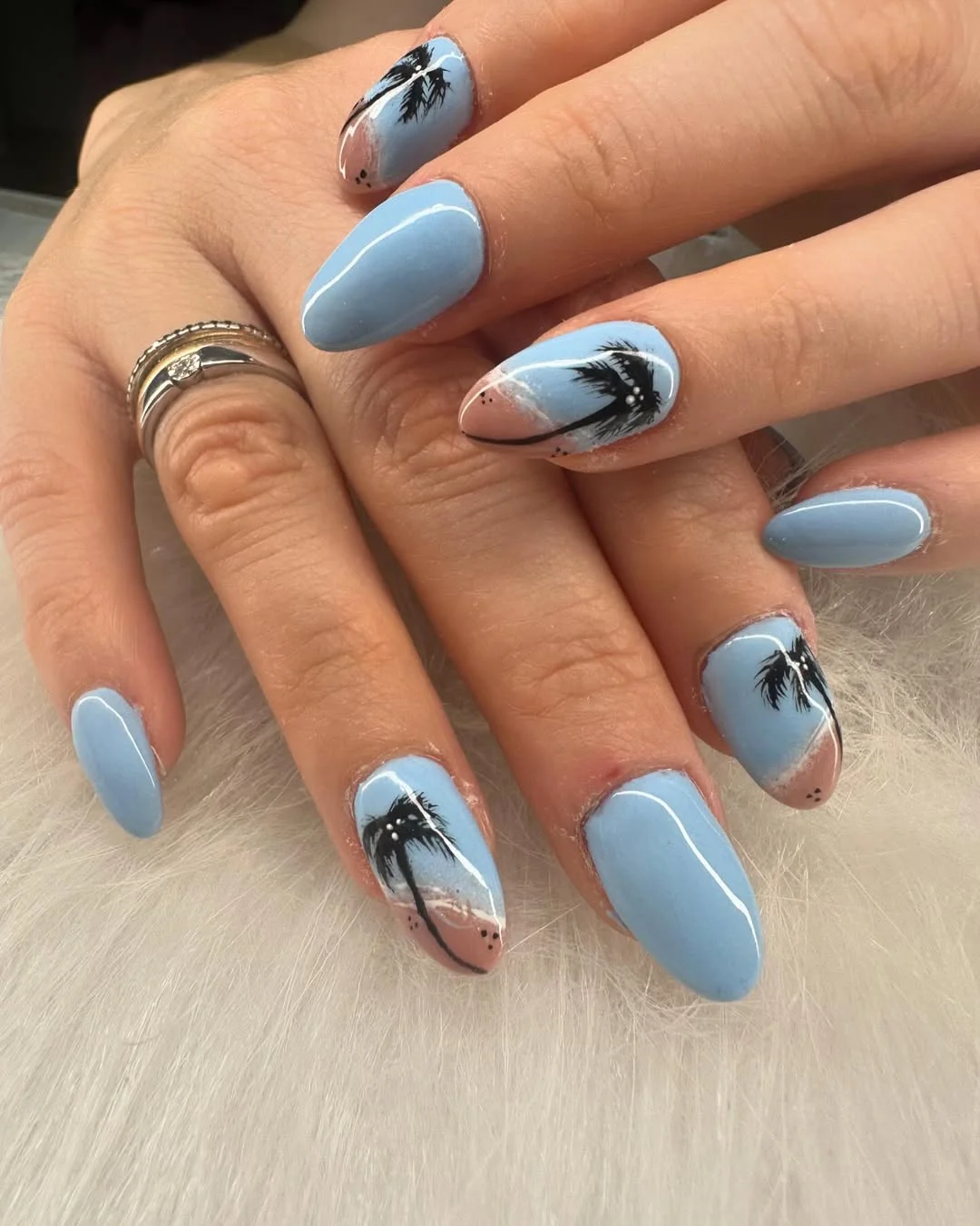 summer vacation nails 2026 Powder Blue Palm Tree Nails With a Breezy Beach Feel