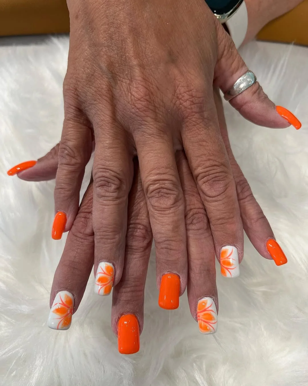 summer vacation nails 2026 Bright Tangerine Square Nails With Sunny Floral Energy