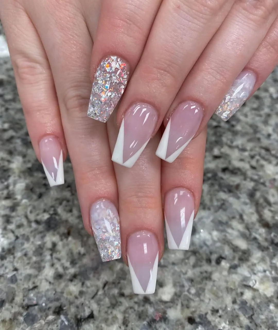 summer vacation nails 2026 White V-French Coffin Nails With Crushed Crystal Sparkle