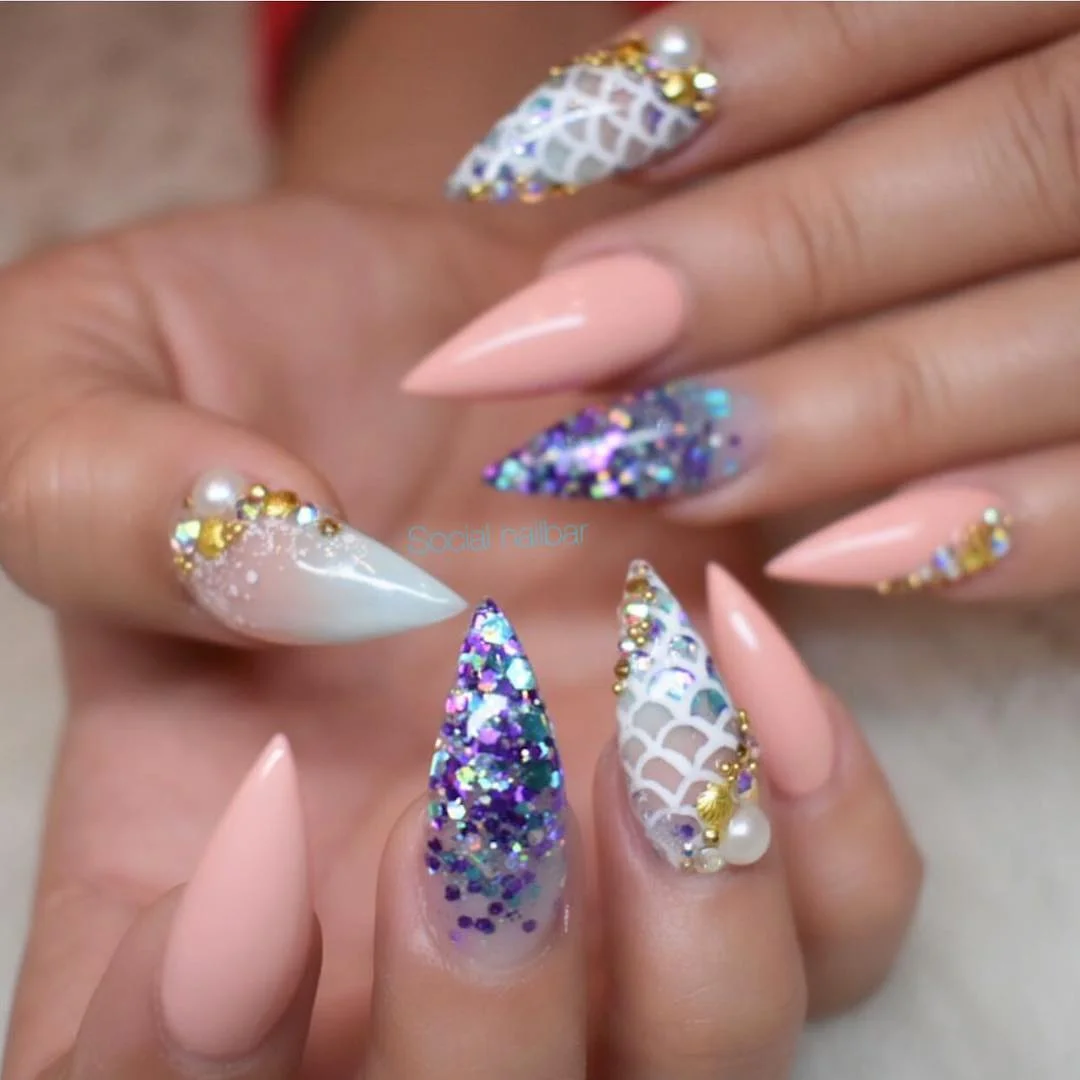summer vacation nails 2026 Mermaid Glam Stiletto Nails With Pearls and Ocean Sparkle