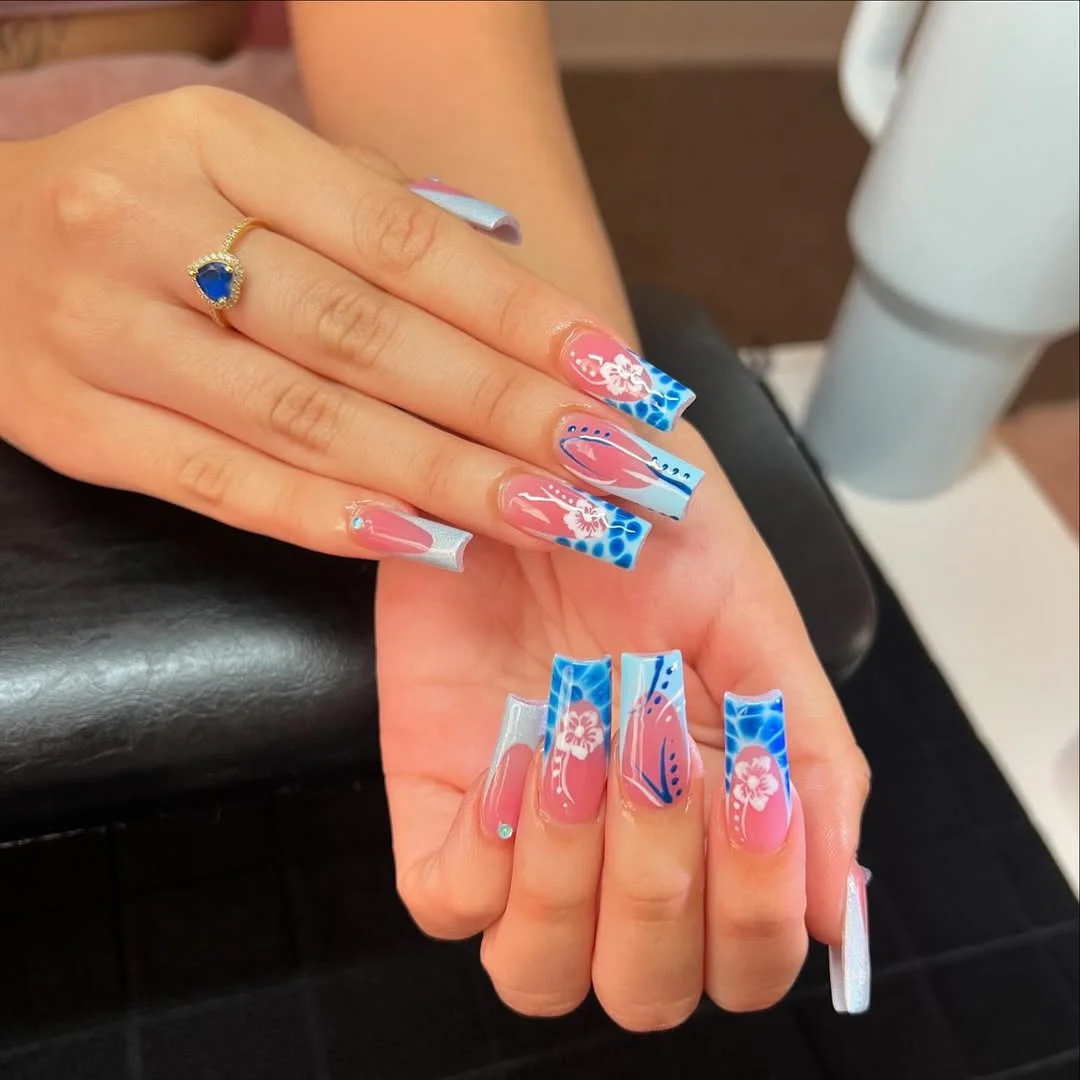 summer vacation nails 2026 Ocean Blue Square Nails With Floral Water Details