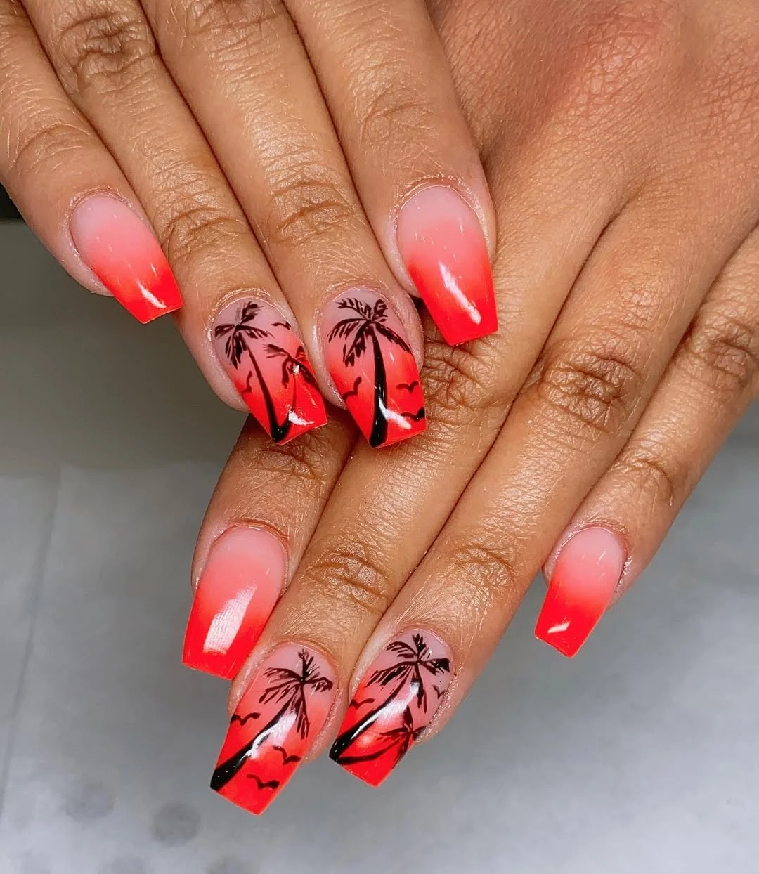 summer vacation nails 2026 Red Sunset Palm Nails With Bold Square Tips