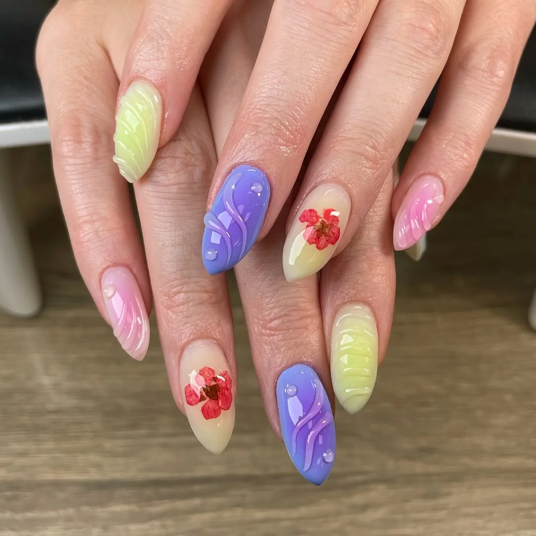 summer vacation nails 2026 Pastel 3D Florals for a Soft Tropical Manicure