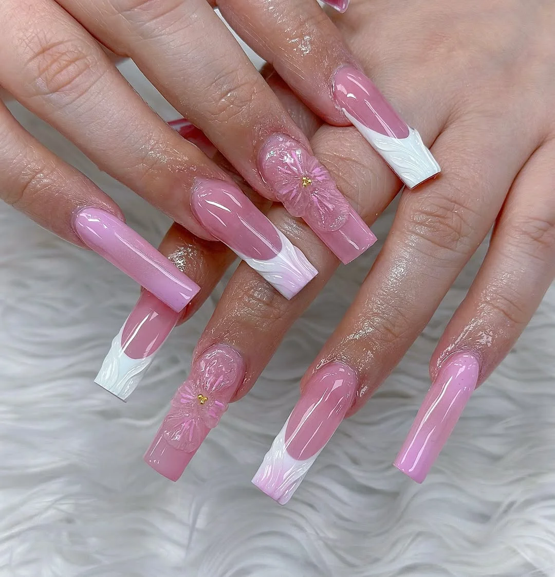 summer vacation nails 2026 Pink Square French Nails With Glossy Floral Accents