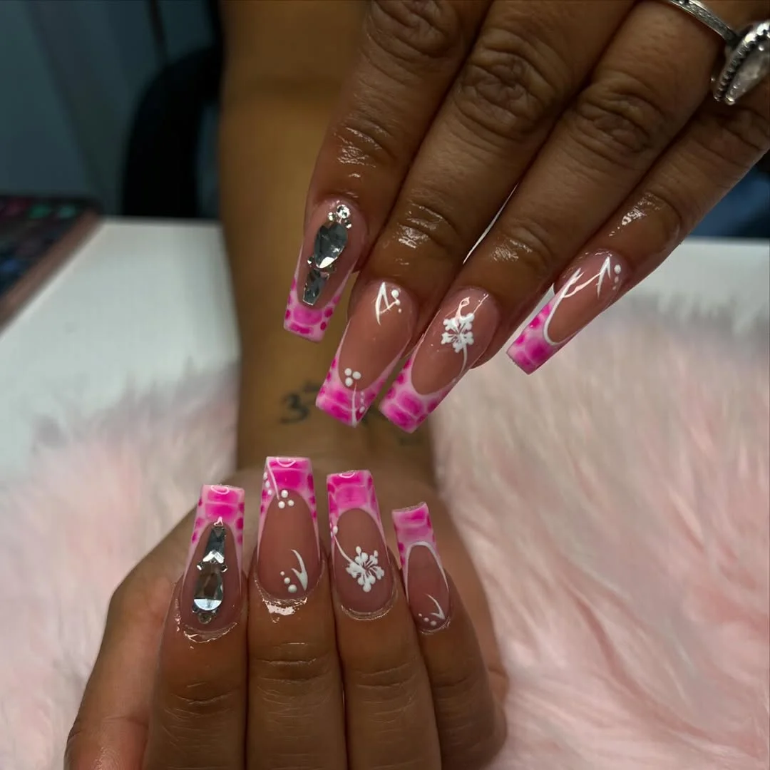 summer vacation nails 2026 Hot Pink Vacation Tips With Crystal Drama