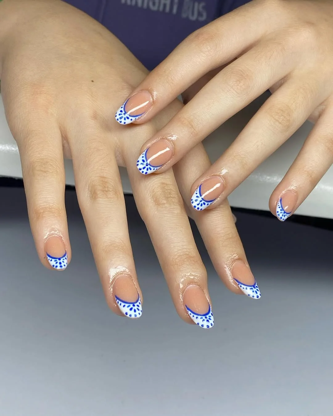 summer vacation nails 2026 Blue Porcelain French Tips for a Coastal Manicure