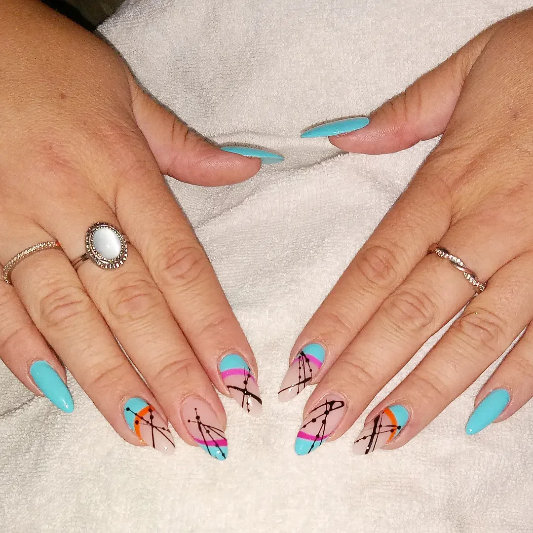 summer vacation nails 2026 Turquoise Resort Nails With Graphic Color Blocks