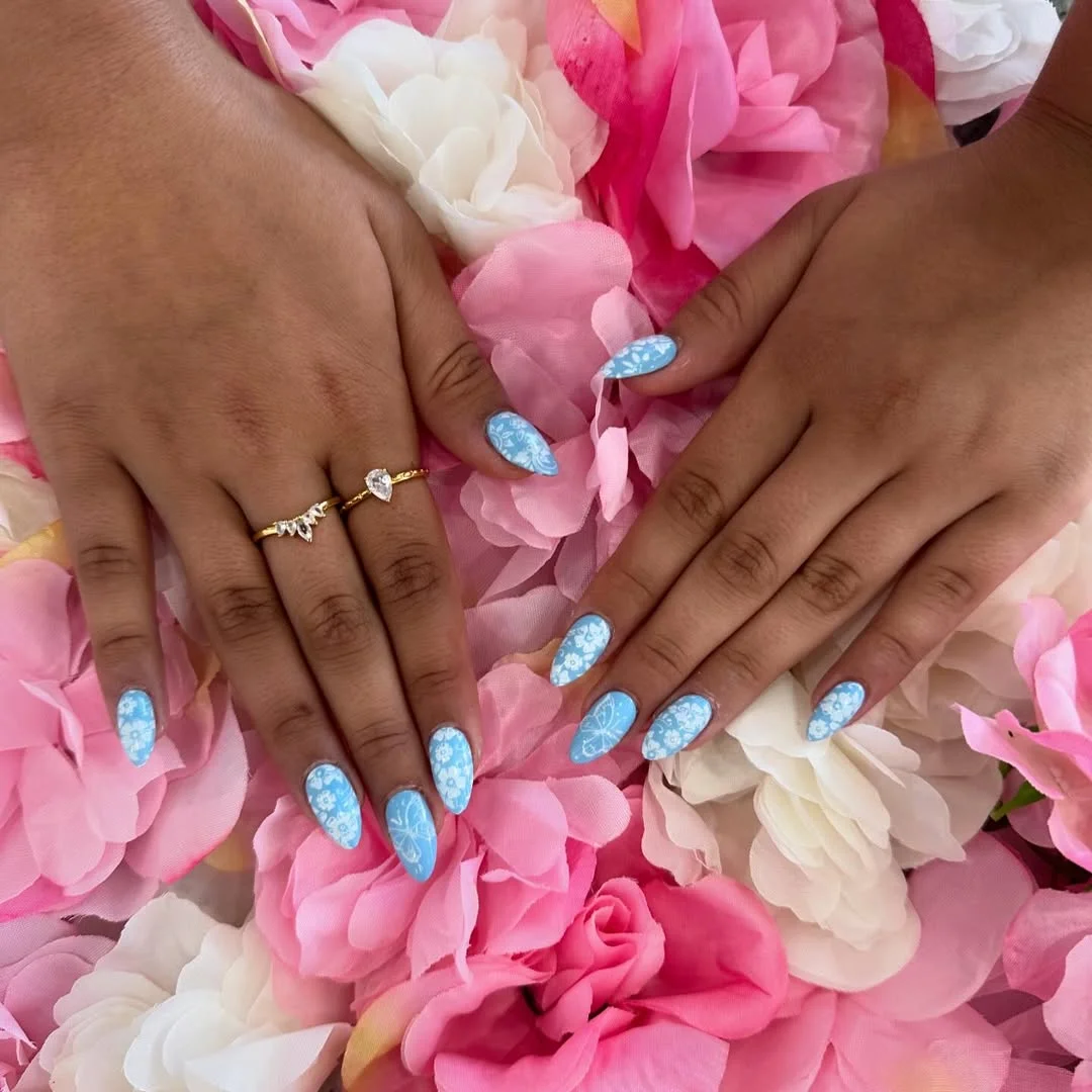 summer vibrant nails summer 2026 Blue Flower Nails With a Fresh Picnic Dress Mood