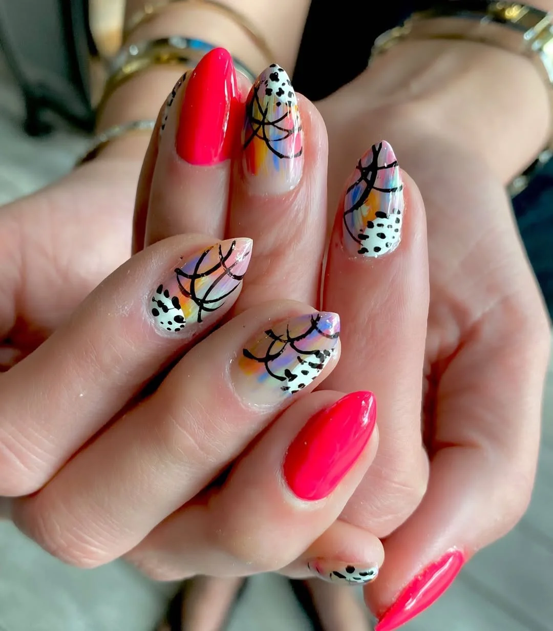 summer vibrant nails summer 2026 Hot Pink Abstract Nails With Graphic Summer Lines