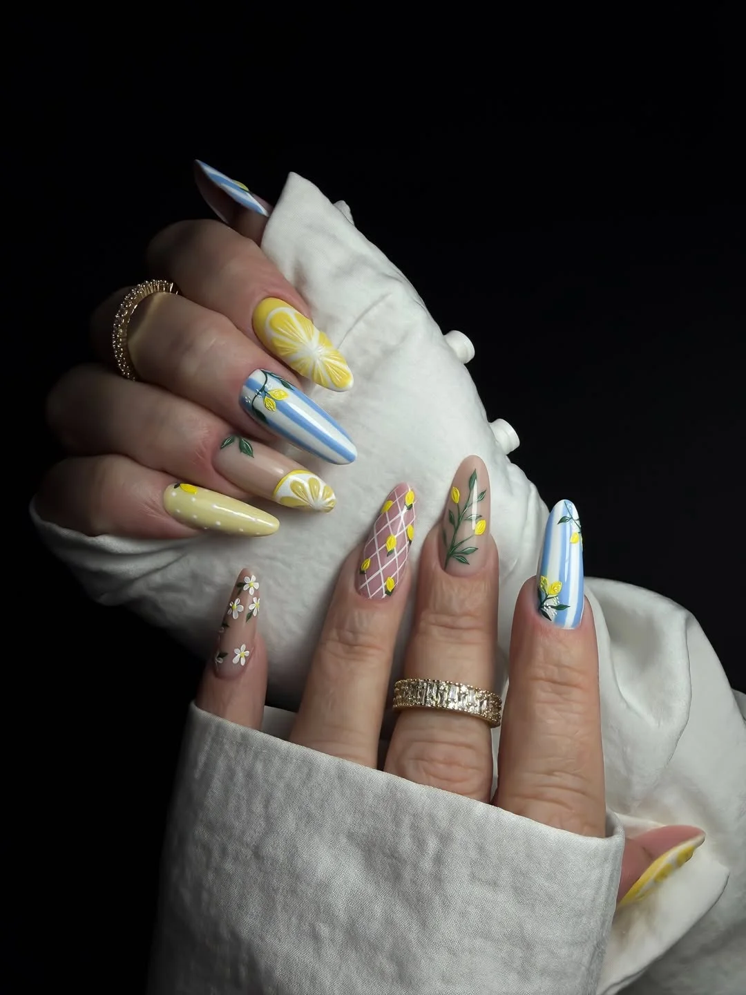 summer vibrant nails summer 2026 Lemon Blue Floral Nails With Mixed Summer Patterns