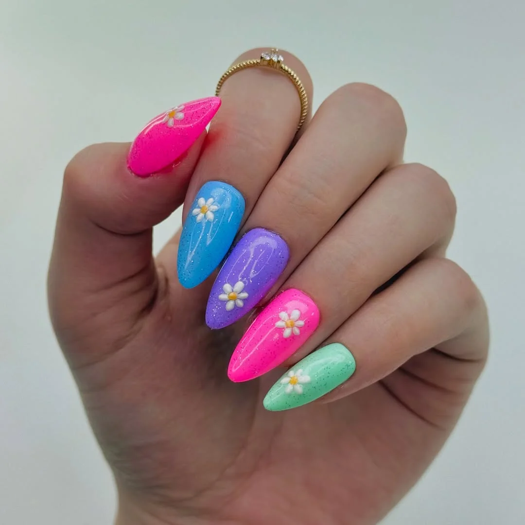 summer vibrant nails summer 2026 Rainbow Daisy Almond Nails With a Glossy Candy Finish