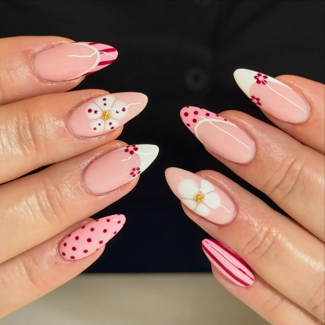 summer vibrant nails summer 2026 Berry Pink Polka Dot Nails With Soft Floral French Tips