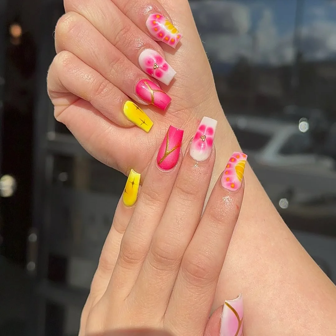 summer vibrant nails summer 2026 Pink and Yellow Square Nails With Bright Floral Energy