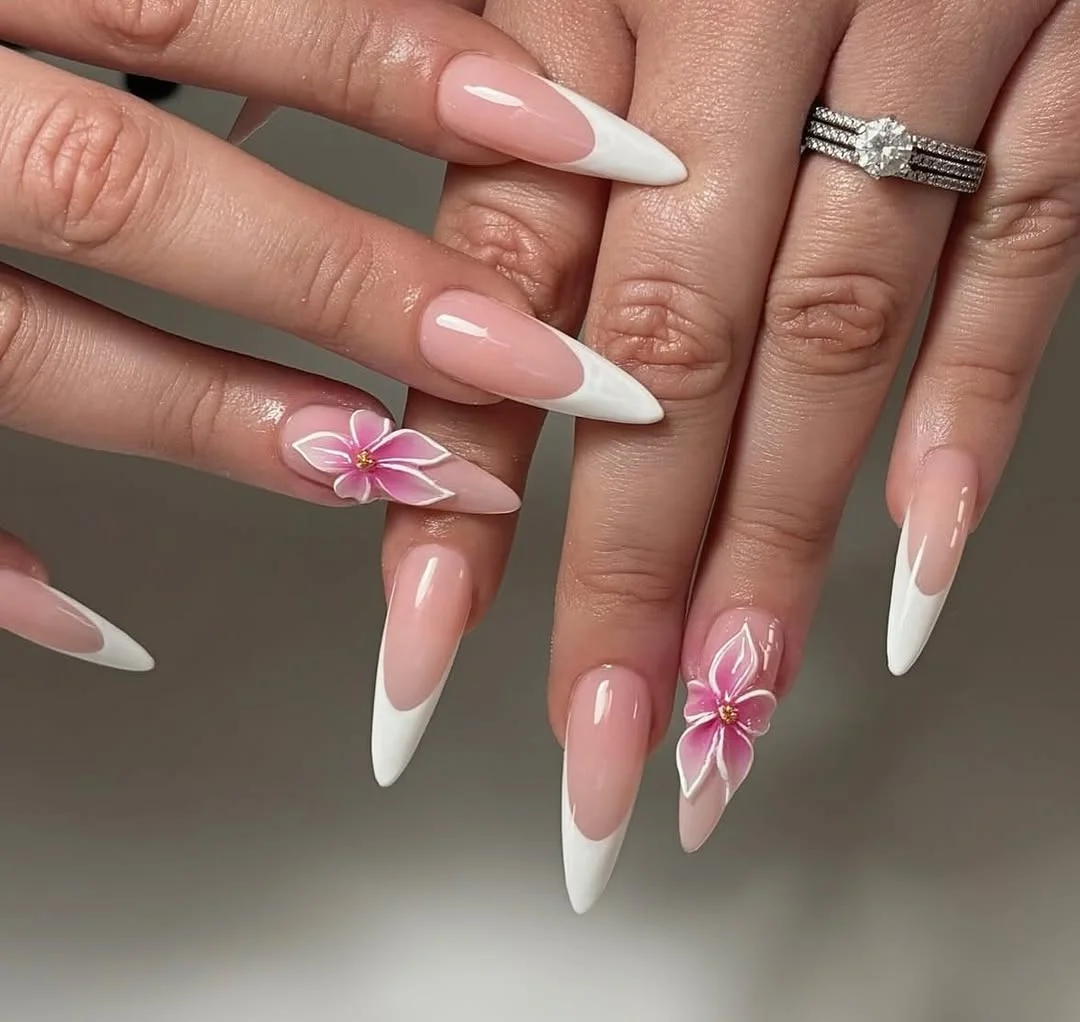 summer vibrant nails summer 2026 White French Almond Nails With Pink Flower Accents