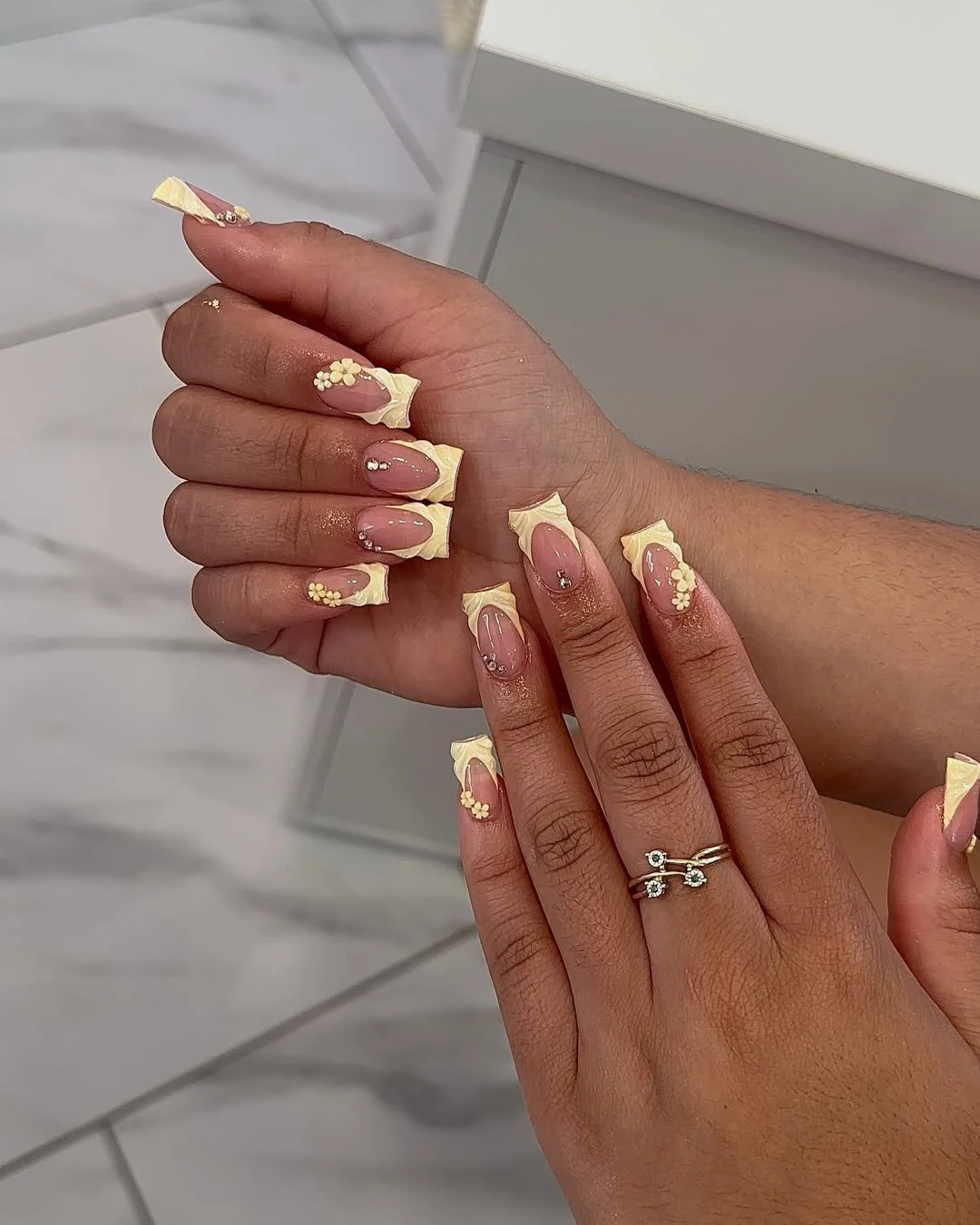 summer yellow nails 2026 Sculpted Square Yellow French Nails With Tiny Florals