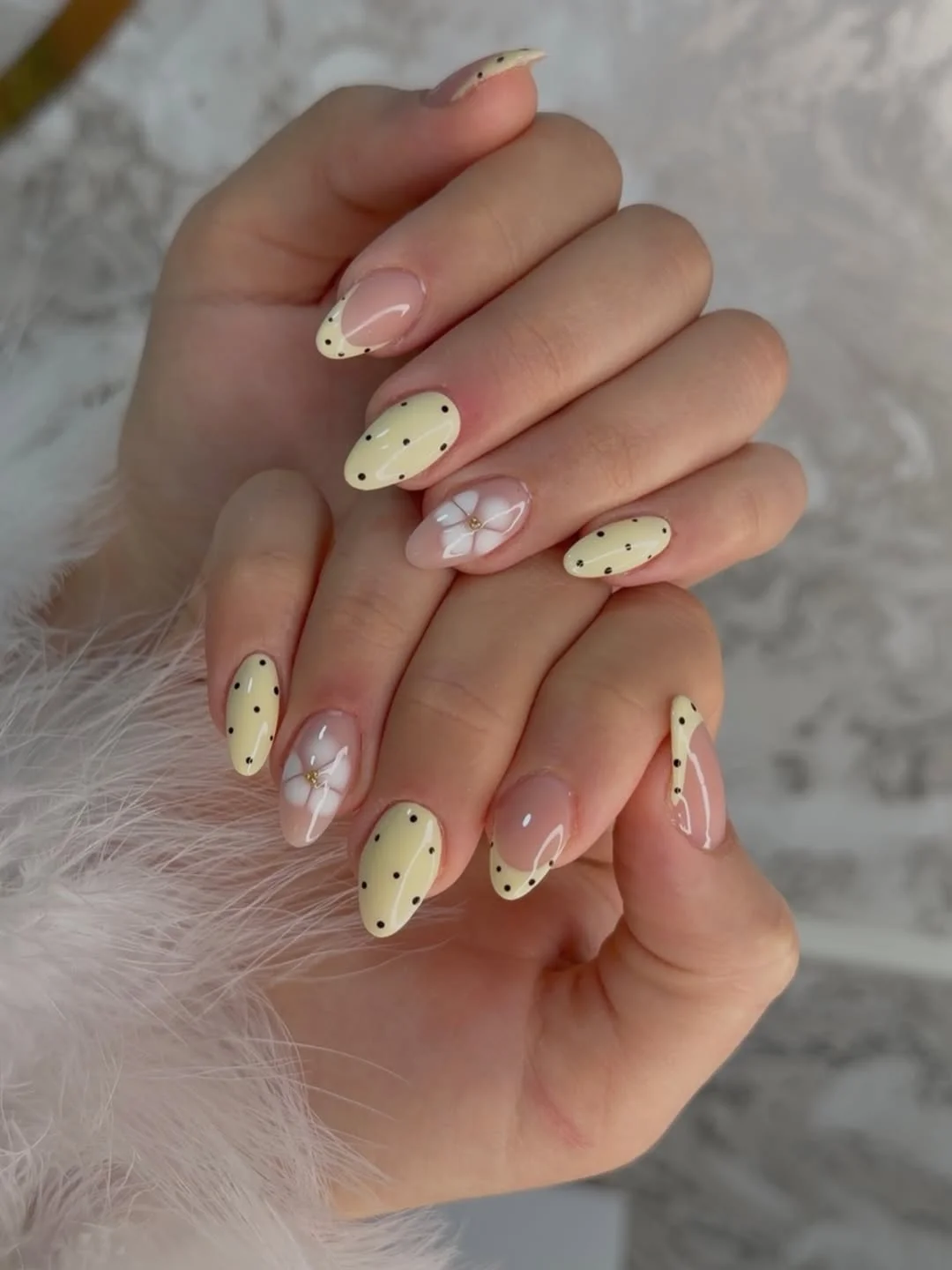 summer yellow nails 2026 Polka Dot Yellow Almond Nails With White Flowers
