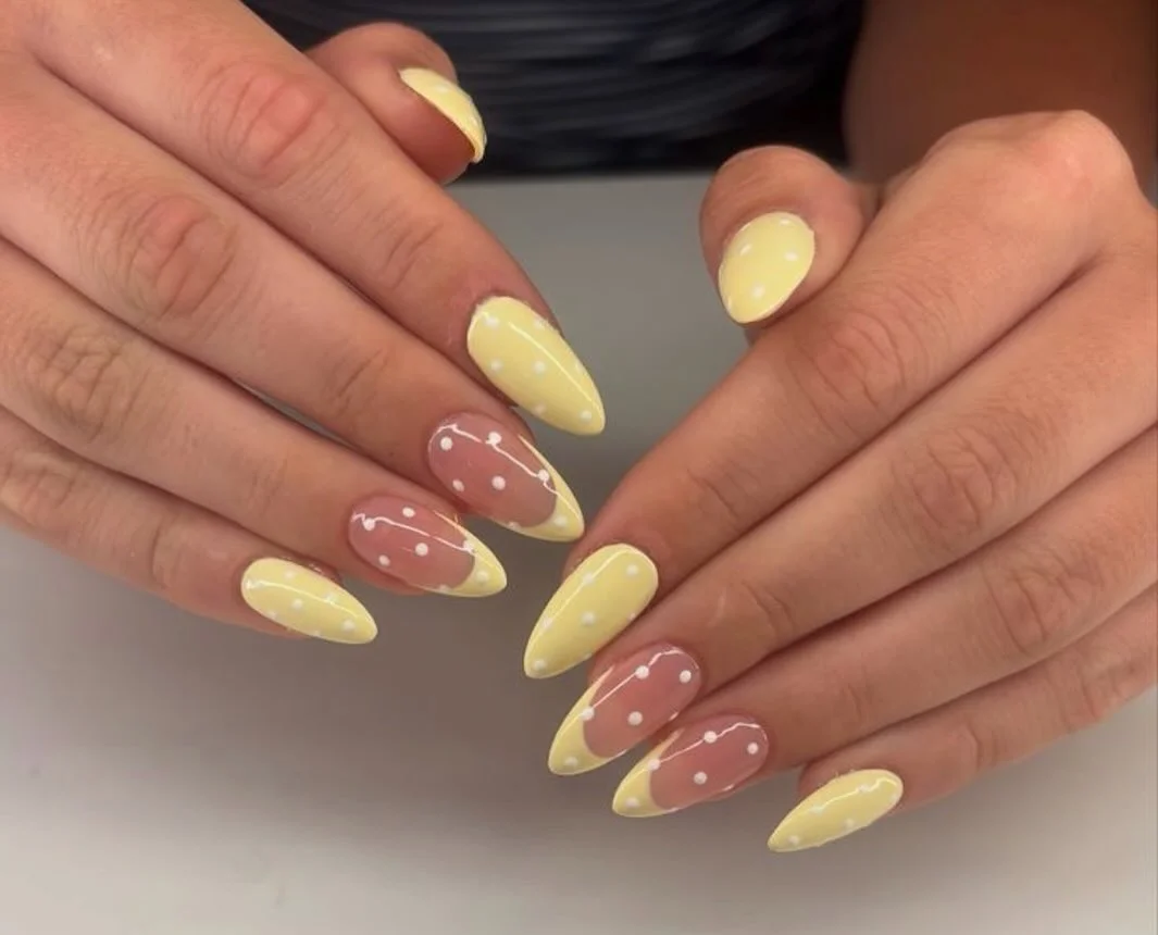 summer yellow nails 2026 Playful Yellow Almond Nails With White Dot Details