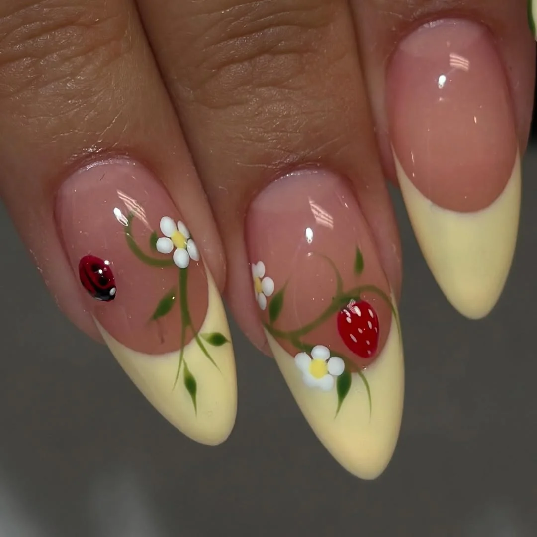summer yellow nails 2026 Strawberry Garden Yellow French Nails