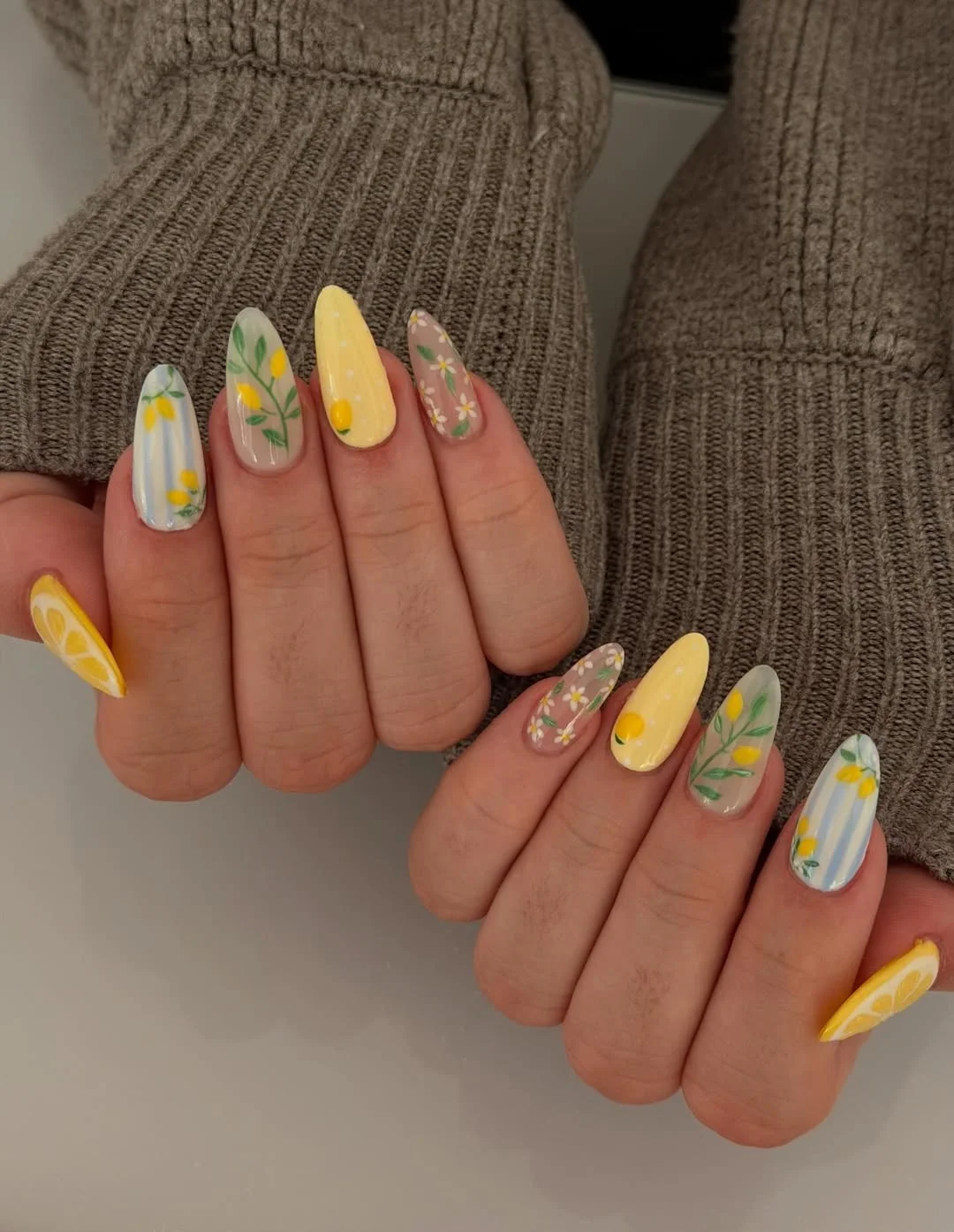 summer yellow nails 2026 Lemon Print Almond Nails With Cottagecore Details