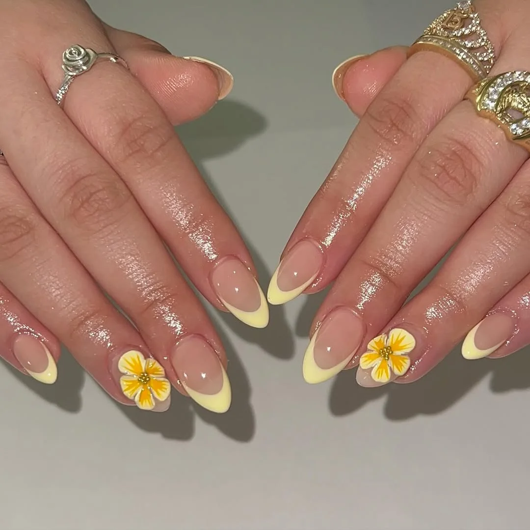 summer yellow nails 2026 Elegant Yellow French Nails With 3D Floral Accents
