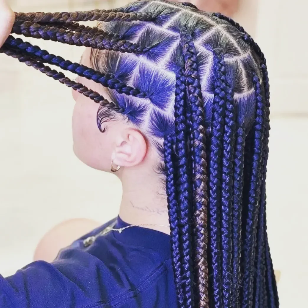 trendy summer braids hairstyle 2026 Electric Blue Box Braids With Graphic Parting