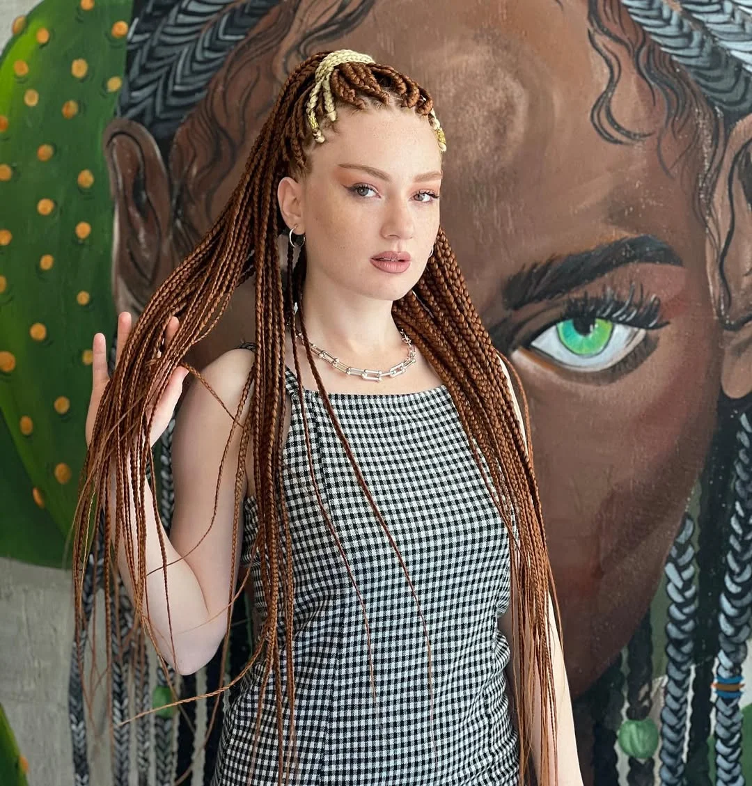 trendy summer braids hairstyle 2026 Copper Micro Braids With Creamy Front Accents