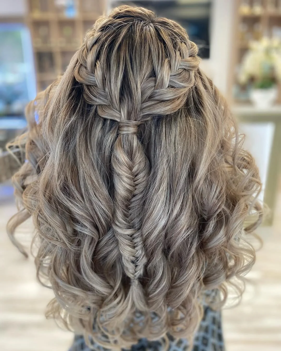 trendy summer braids hairstyle 2026 Silver Fishtail Half-Up Braid With Soft Curls