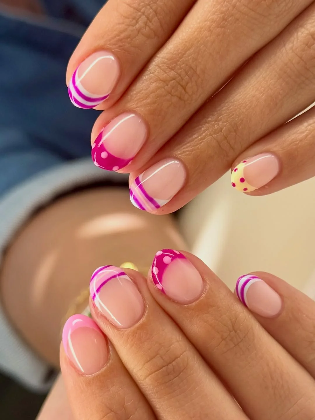 trendy summer nails 2026 Short Pink French Nails With Dots And Fine Lines