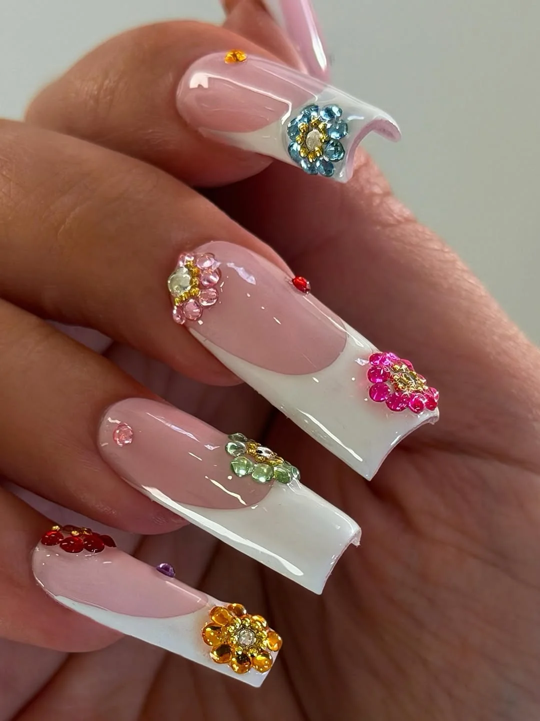 trendy summer nails 2026 Long White French Nails With Colorful Crystal Flowers
