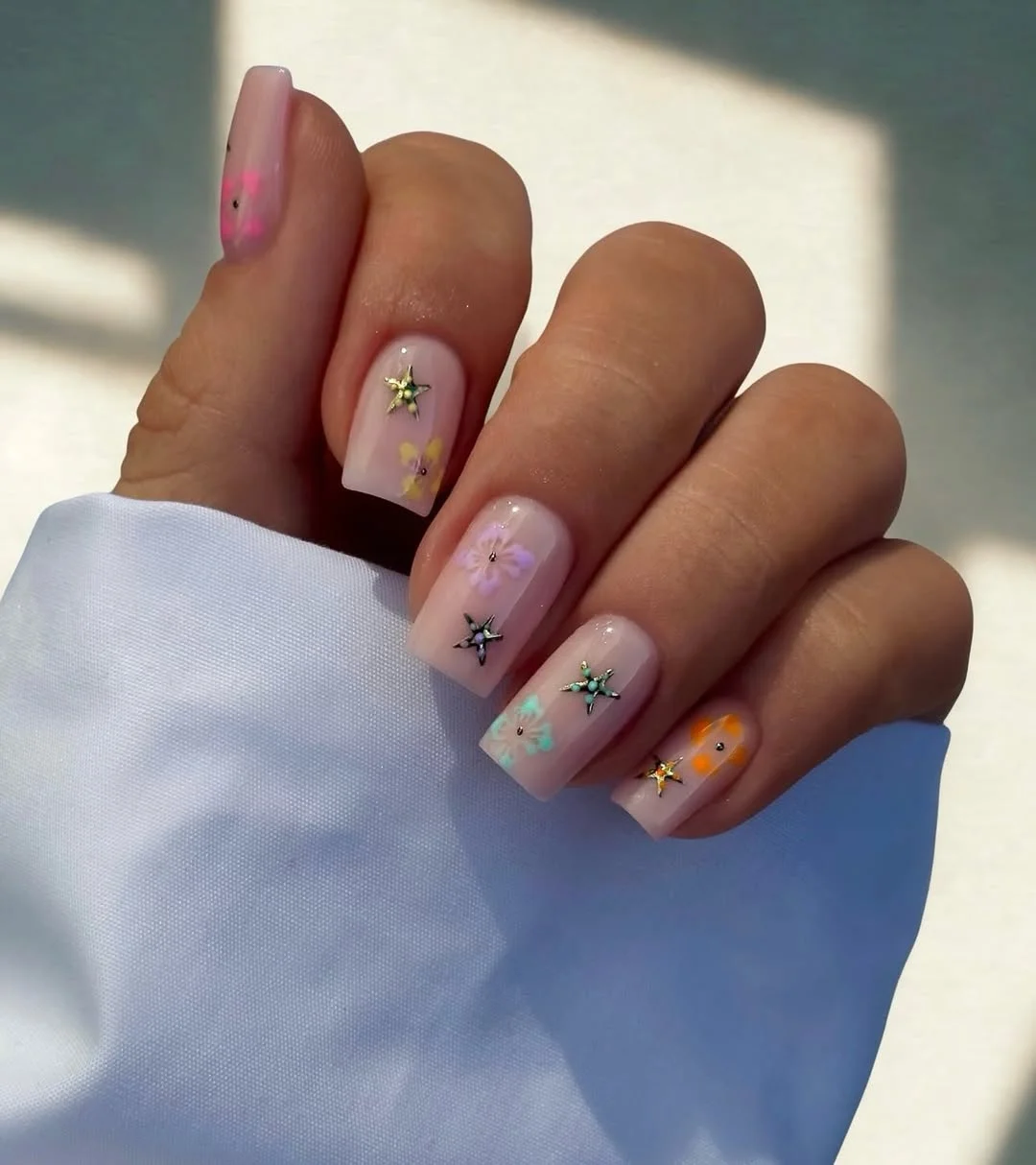 trendy summer nails 2026 Soft Pink Square Nails With Pastel Flowers And Star Charms