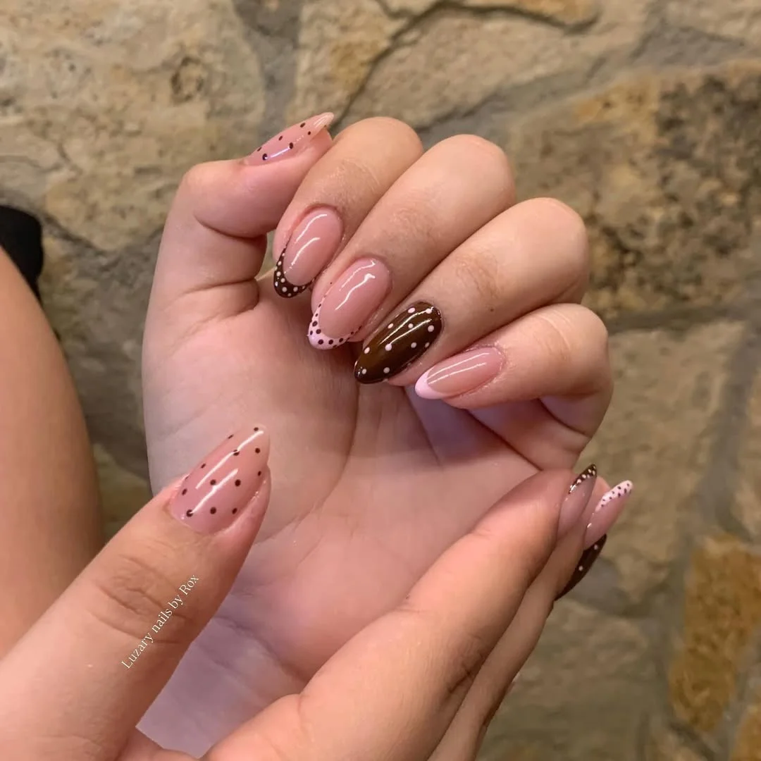trendy summer nails 2026 Brown And Blush Almond Nails With Polka Dot French Tips