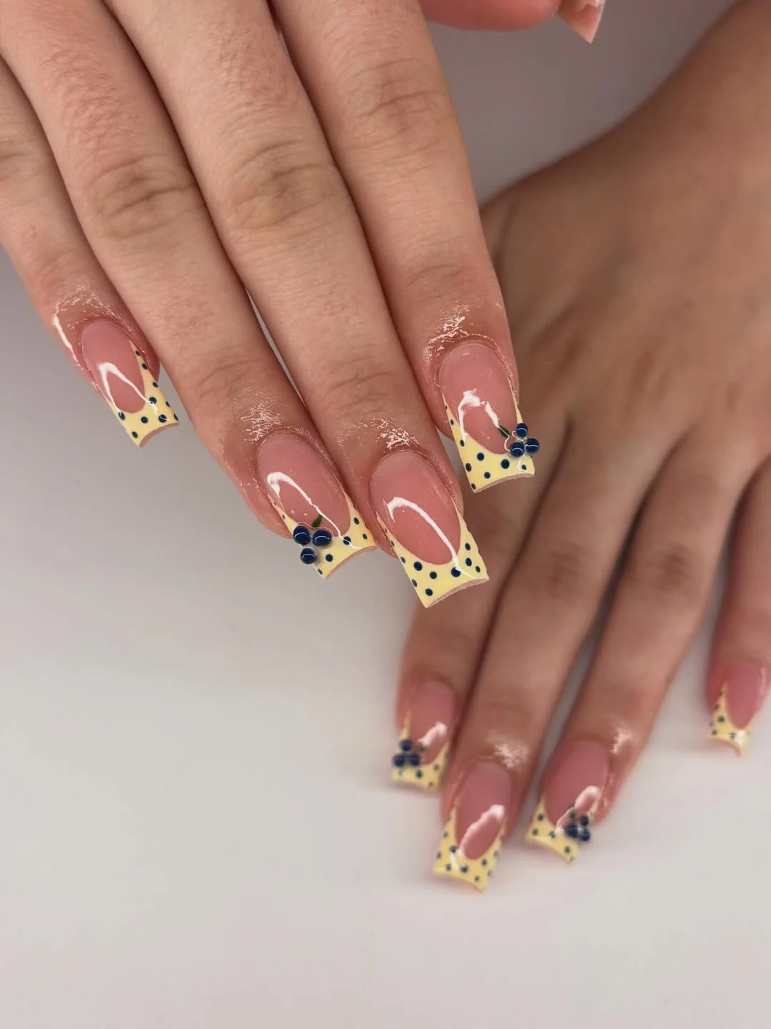 trendy summer nails 2026 Butter Yellow Square Tips With Blueberry Dot Details