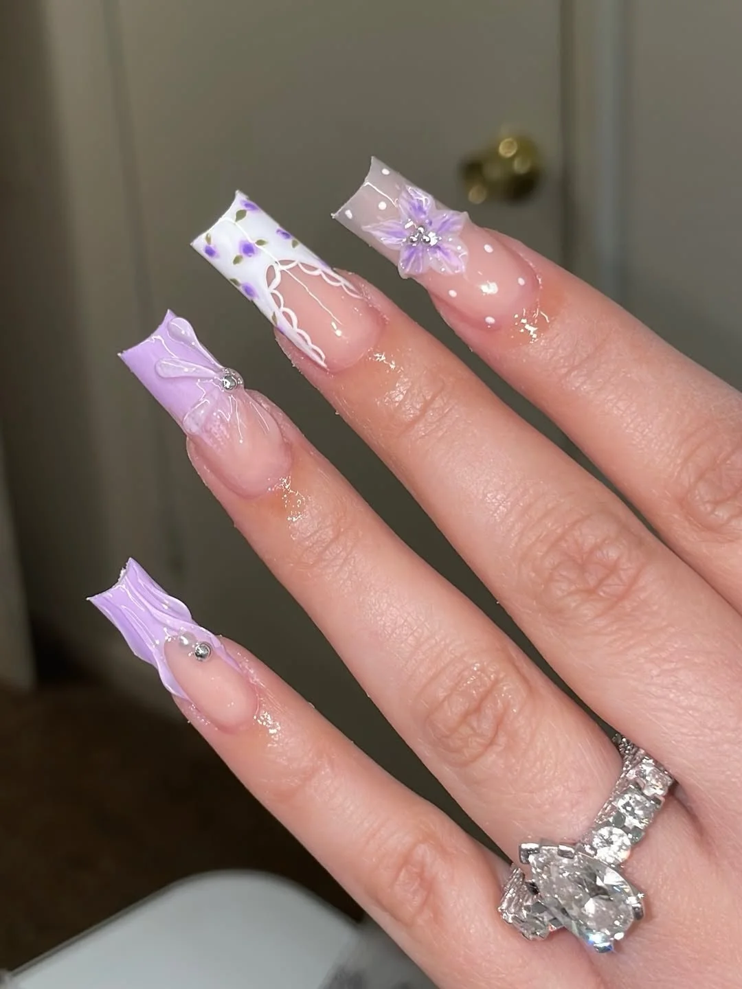 trendy summer nails 2026 Lavender Square Nails With 3D Floral Texture