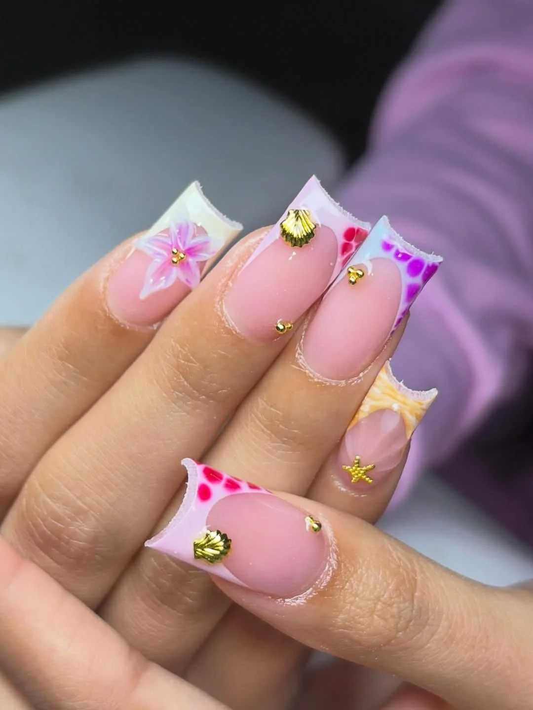 trendy summer nails 2026 Beachy Square French Nails With Shell And Starfish Details