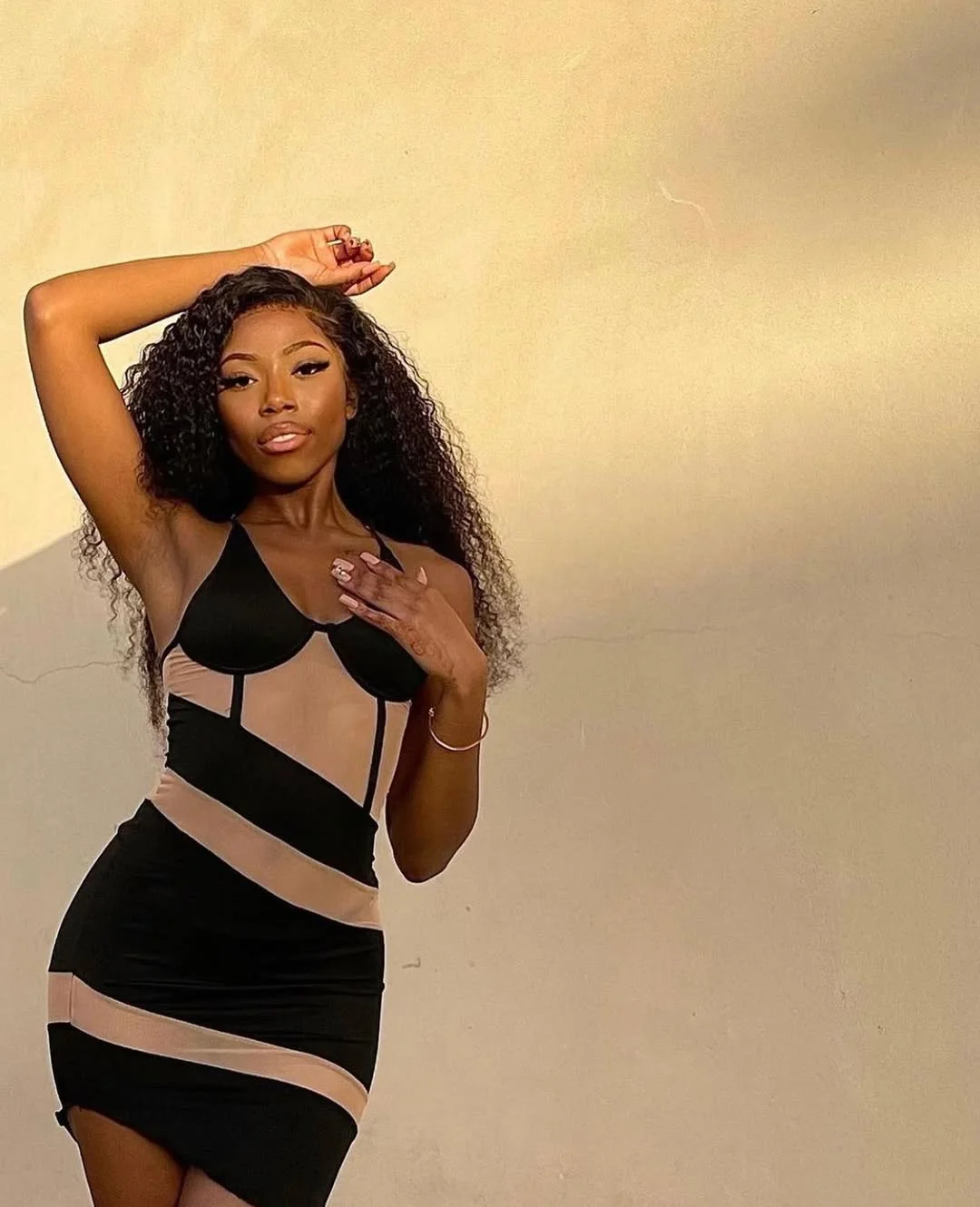 trendy summer outfits for black woman 2026 Graphic Black Mini Dress With Nude Illusion Panels