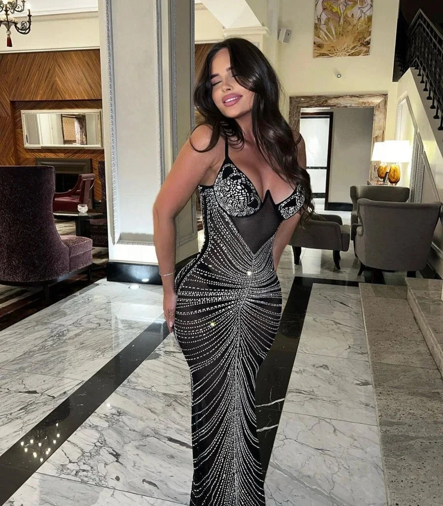 trendy summer outfits for black woman 2026 Crystal-Pattern Black Gown With Luxe Party Shine