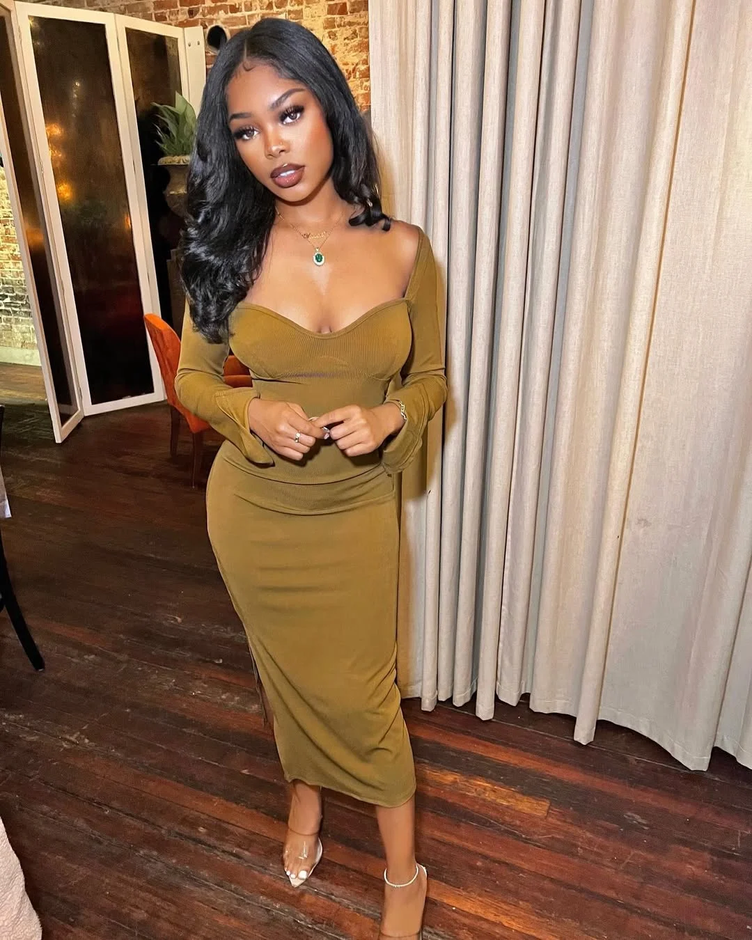 trendy summer outfits for black woman 2026 Olive Off-Shoulder Midi Dress With Warm Evening Polish