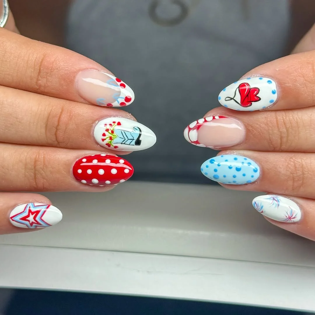 usa nails 2026 Whimsical Americana Nail Art With Polka Dots And Picnic Details