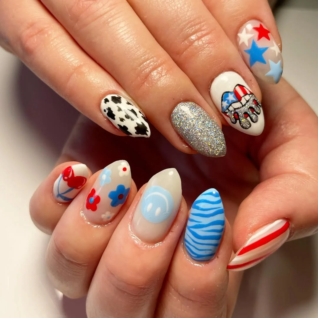 usa nails 2026 Mix-And-Match Americana Nails With Stars, Stripes, And Pop Art Details
