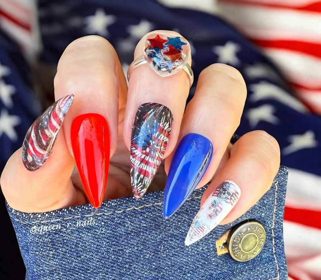 usa nails 2026 Edgy Red, Blue, And Plaid Stiletto Nails With Americana Drama