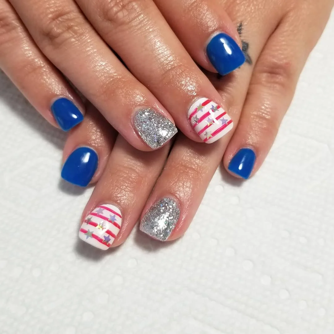 usa nails 2026 Royal Blue Square Nails With Silver Glitter And Star Stripes