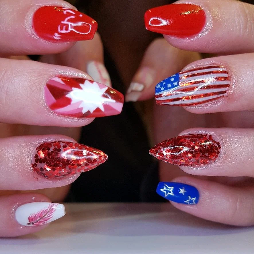 usa nails 2026 Glossy Red, Glitter, And Flag Details For Firework Energy
